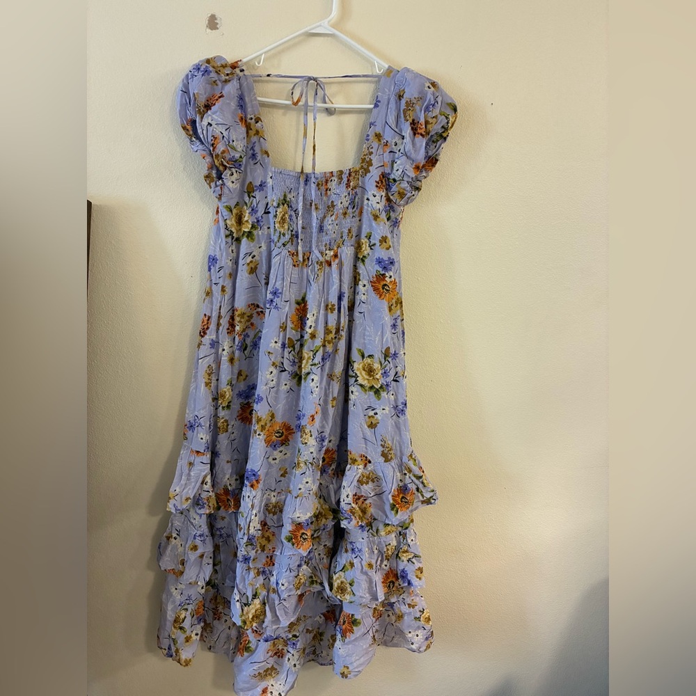 By Anthropologie Women’s Tiered Cap-Sleeve Dress in a lavender floral Cottage - Picture 2 of 8